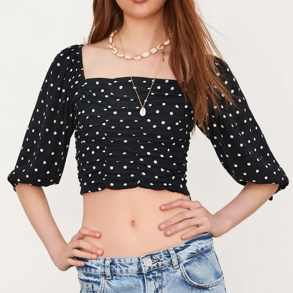 ZARA balloon sleeve black and white polka dot corset crop top size Small - Picture 8 of 14